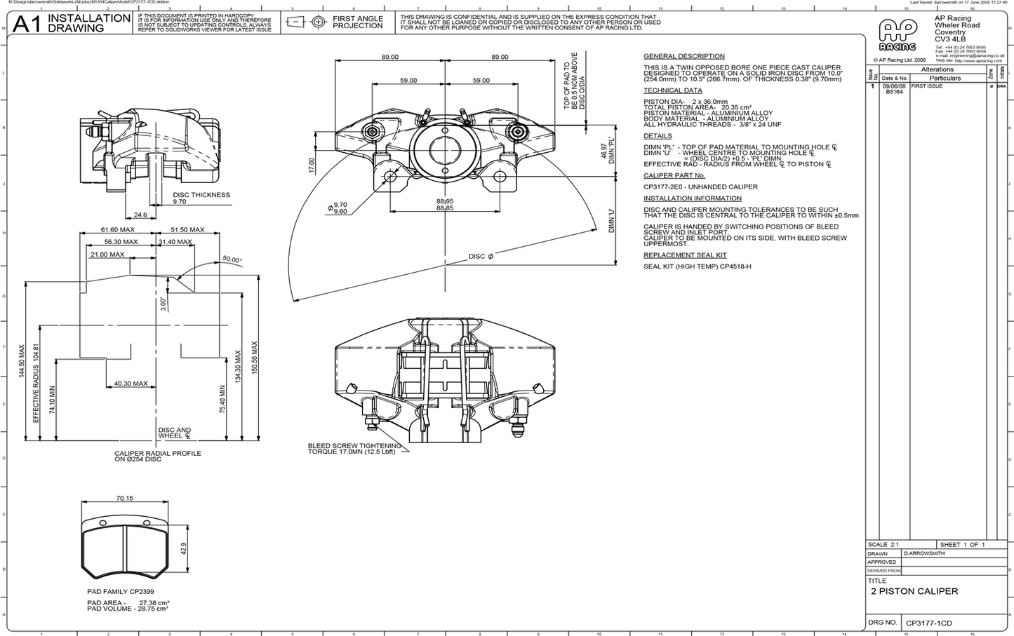 Etrier 2 Pistons AP Racing CP3177-2EO