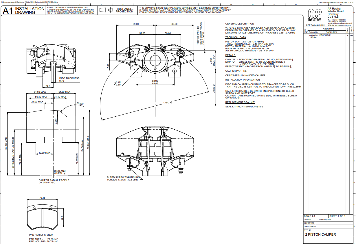 Etrier 2 Pistons AP Racing CP3178-2EO